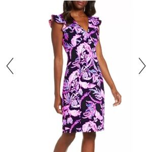 Lilly Pulitzer Mina Dark Floral Print Ruffle Trim Dress Sz 4 Purple Pink Black